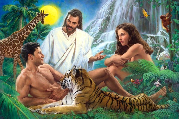 Painting of Jesus speaking with Adam and Eve in the Garden of Eden. Adam, a tiger beside him, is reclining while Eve sits at his feet. Jesus leans over them, speaking intently. A giraffe, a waterfall, and several other small animals make up the background of this idyllic scene.